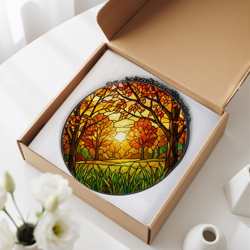 7.8"H Autumn Forest Stained Glass Window Panel, 7.8" H x 7.8" W