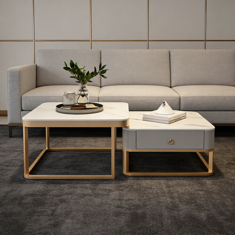 Table basse simple et moderne, H 17 po x L 27,55 po x l 27,55 po, Blanc / Gris, Gold