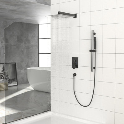 Wall Mounted Matte Black Shower System - 10 Inch Square With Adjustable Slide Bar, -balanced Valve And Jolly In Marvellous