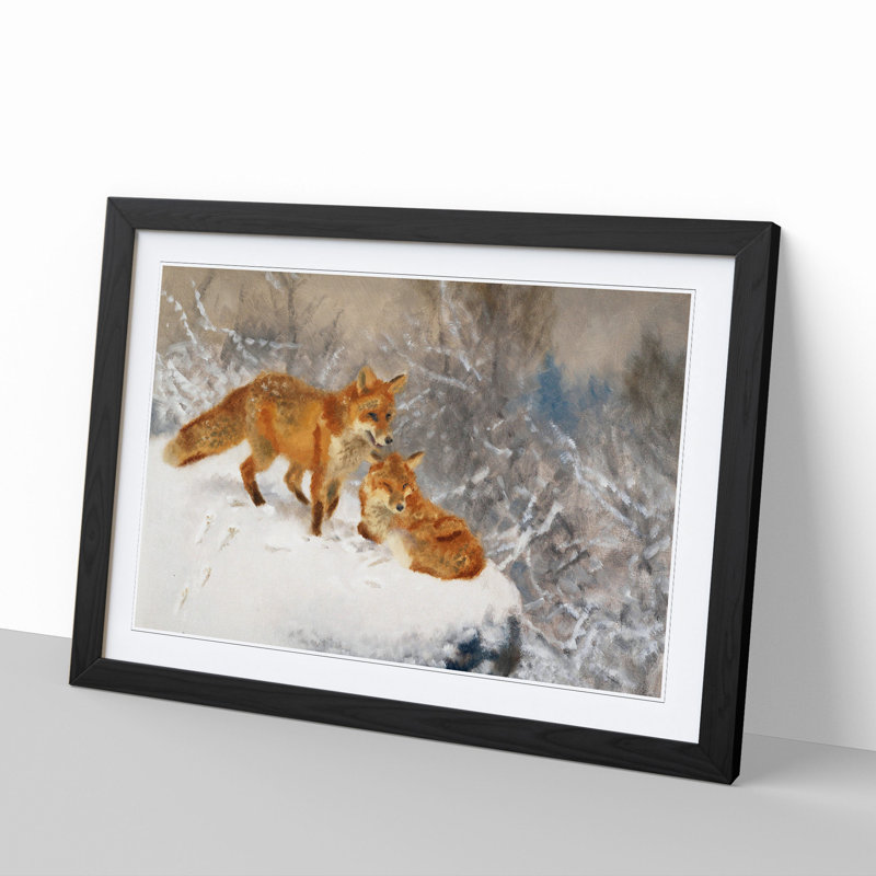 Two Foxes by Bruno Liljefors - Picture Frame Painting, 36cm H x 48cm W x 2cm D, Black Framed