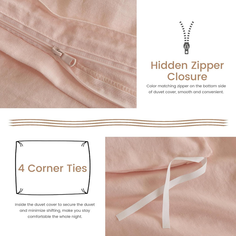 French Linen Duvet Cover Set 3Pcs With Hidden Zipper Closure Natural Flax Cotton Blend, Pink, King Duvet Cover + 2 King Shams