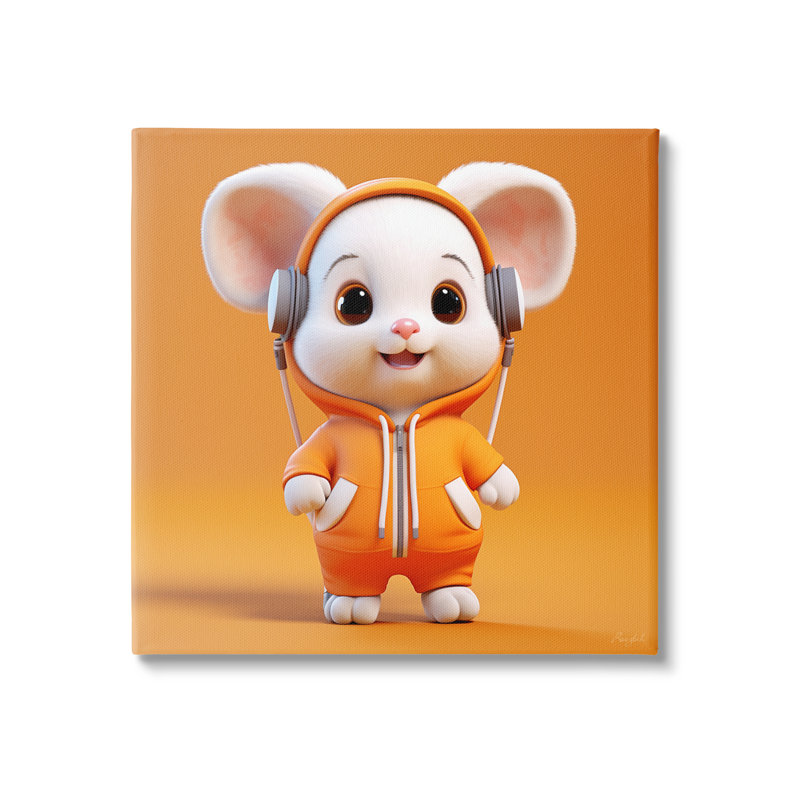 Souris avec casque d'écoute, H 17 po x l 17 po x P 1,5 po, Estampe numérique Farmhouse