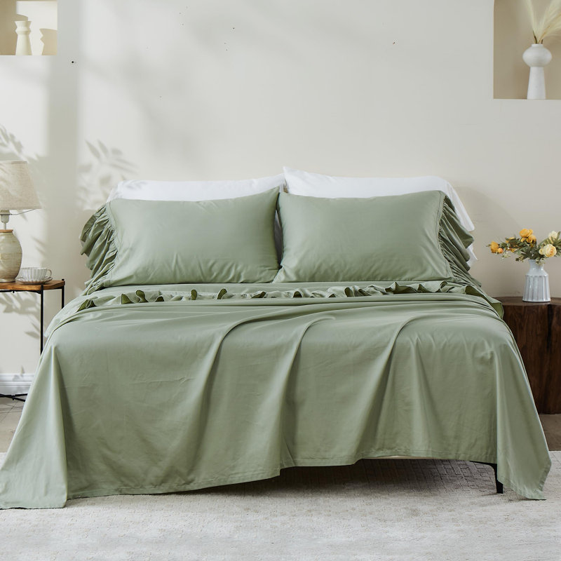 100% Cotton Sheet Set Ruffle Bed Sheets Soft French Country Vintage Bedding Set Aesthetic Farmhouse, Sage Green