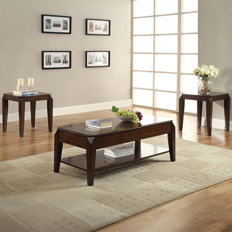 Table à pieds rectangulaire avec plateau relevable et tablette inférieure, finition noyer