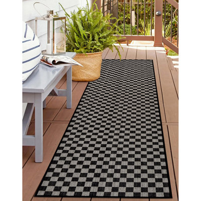 Tapis intérieur / extérieur tissé plat à carreaux noir / ivoire Easy-Care