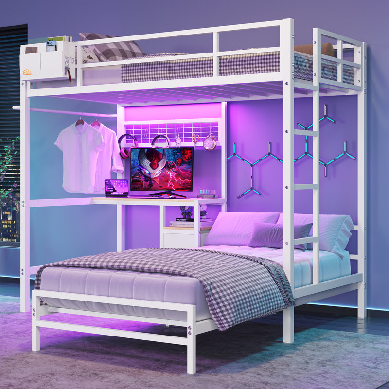 Twin Over Twin Bunk Bed With Desk And Charging Station, Metal Loft Bed, Twin Bed With Led Lights And Storage Shelves And Drawers, L-shaped Bunk Bed