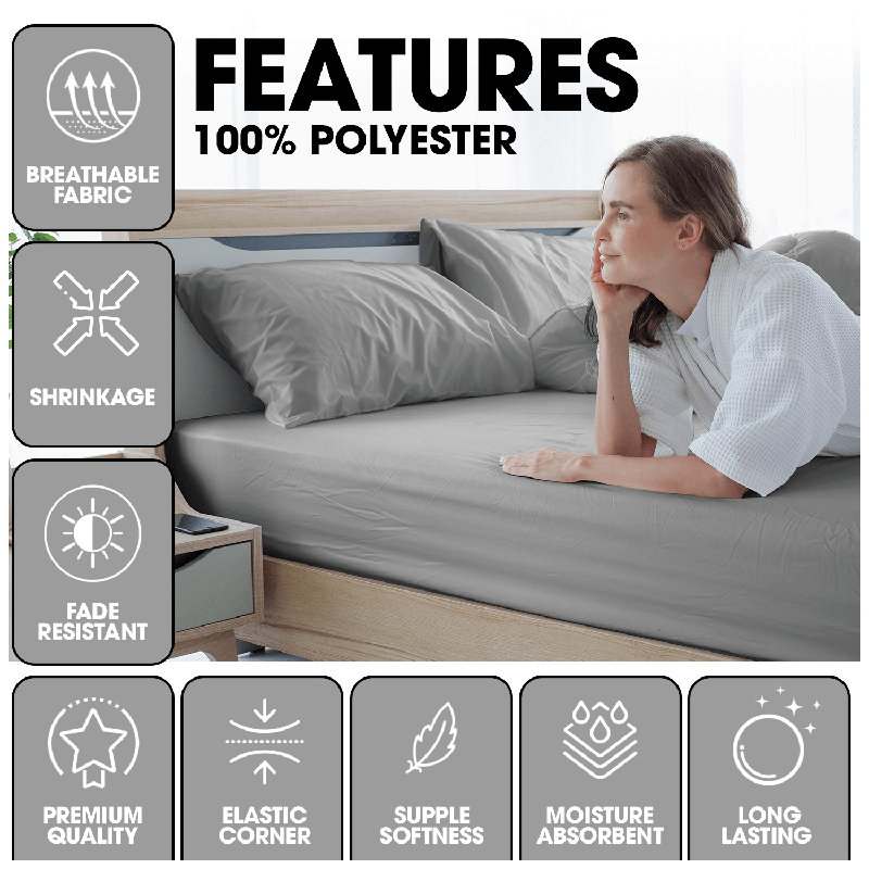Super Dreamer Fitted Sheet Solid Colour - Polyester Single Double King Size Machine Washable High Quality Yarn Bed Set, Grey
