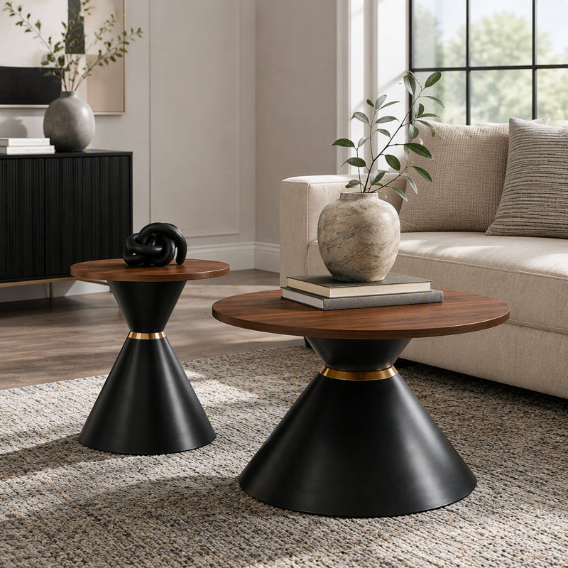 Ensemble de 2 tables basses rondes tendance, plateau texturé noyer et base métallique stable, table d'appoint facile à nettoyer pour le salon et la chambre.