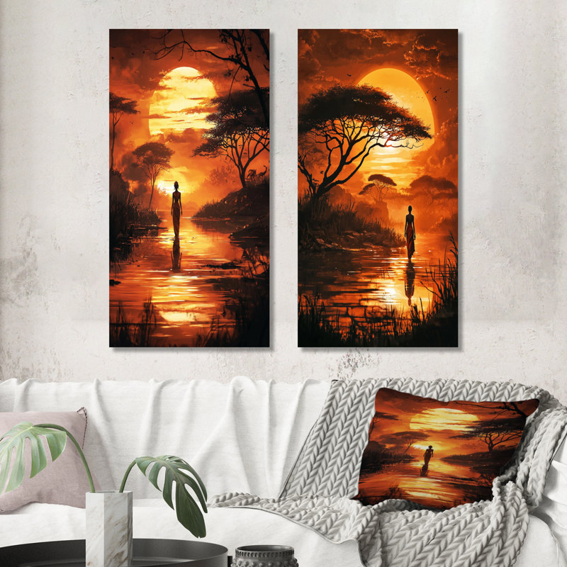 «Orange African Journey in the Sahara Desert III», ensemble de 2 décorations murales en métal, 32" H x 32" W