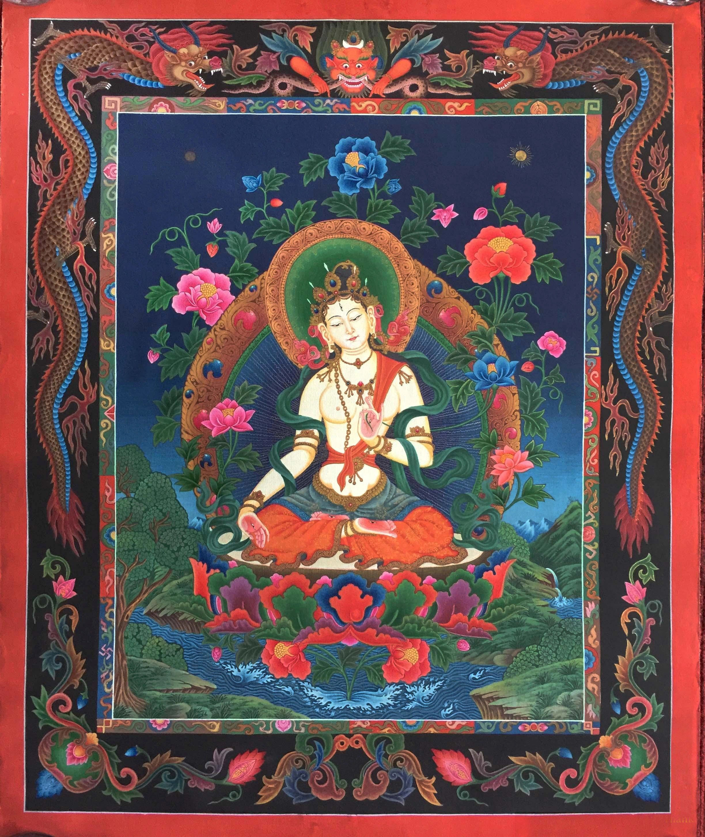 Exotic India Newari Style White Tara Thangka Painting (Brocadeless ...