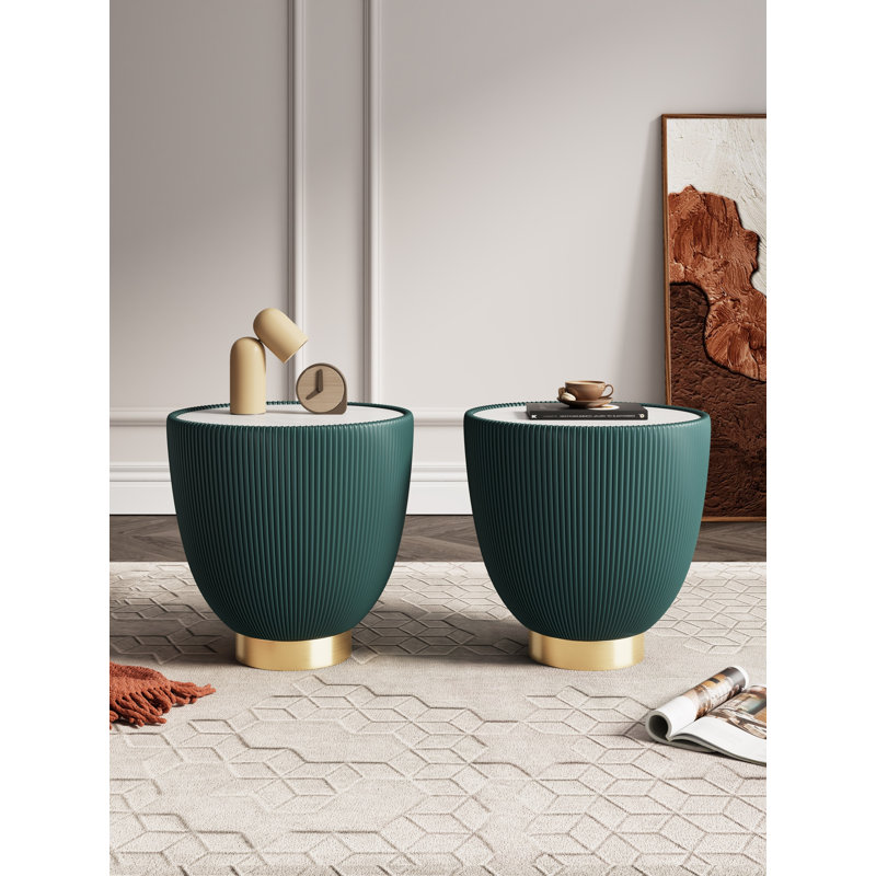 Anderson Modern Vegan Leather Upholstered Stainless Steel Pedestal End Table with Sintered Stone Top in Green, Green