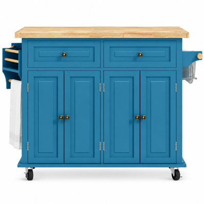 Mobile Kitchen Island Cart with Varnished Rubberwood Top, Two Drawers, Two Double-Door Cabinets, Adjustable Shelves, Spice Rack, Towel Bar and Locking Casters