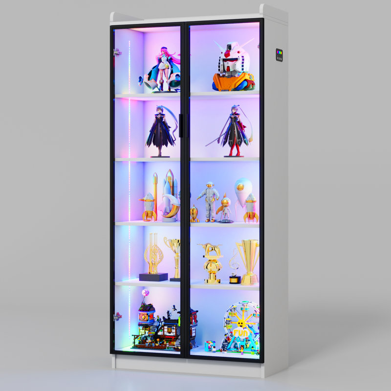 Vitrine H 65 po avec portes en verre et lumière RVB, Blanc