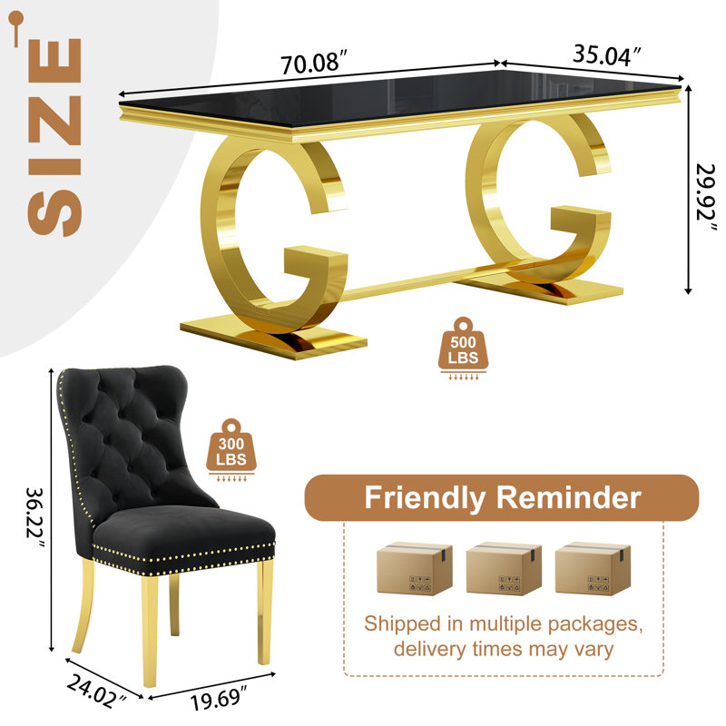 70.08" Rectangular Dining Table Set Of 7, Tempered Glass Top With Double-G Base, 6 Upholstered Velvet Dining Chairs With Nailhead Trim