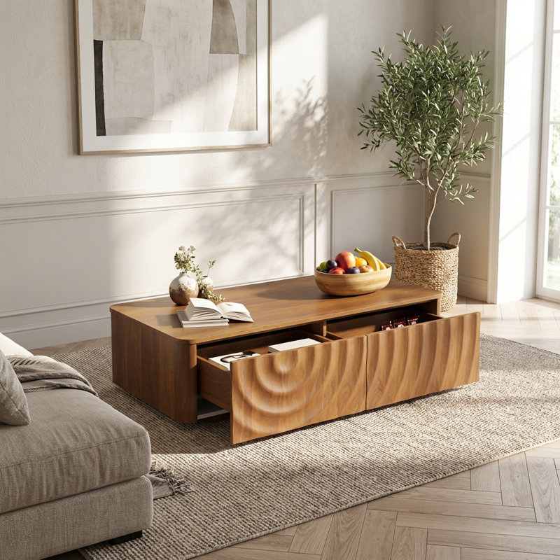 Table basse moderne moderne avec deux tiroirs et une texture de vague unique, Noyer