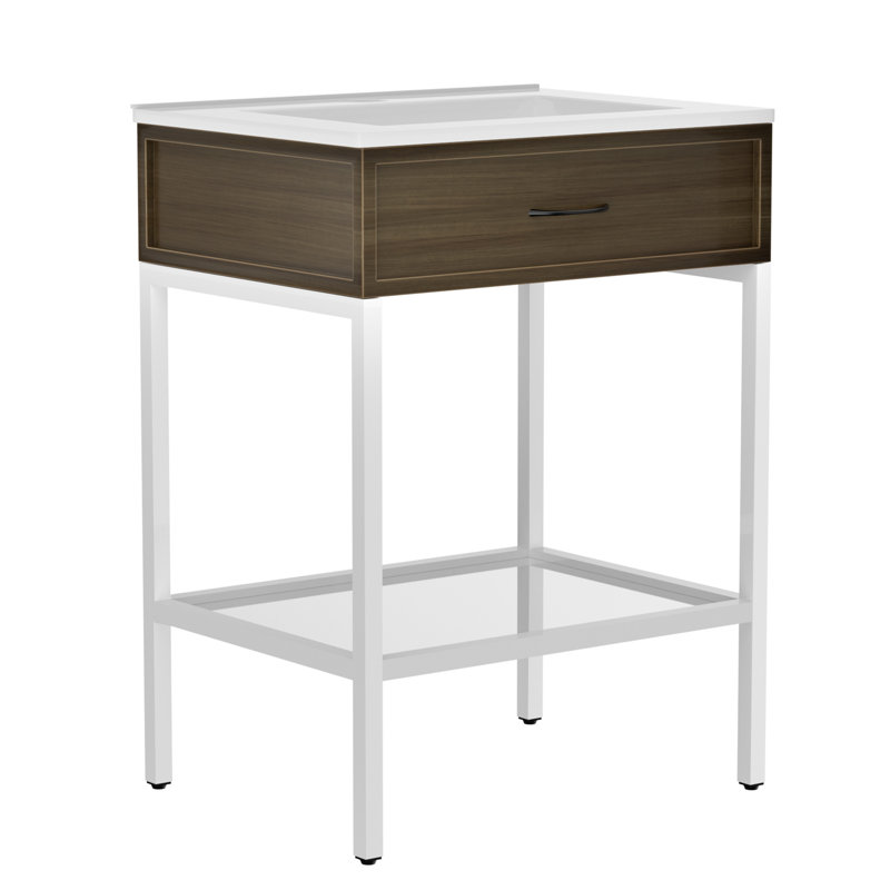 24" Bathroom Vanity With Resin Sink,Stainless Steel Frame With Tempered Glass Open Shelf, White