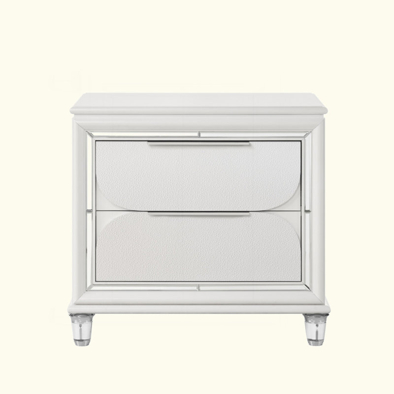 Table de chevet glamour à finition blanc perle avec tiroirs de rangement en acrylique