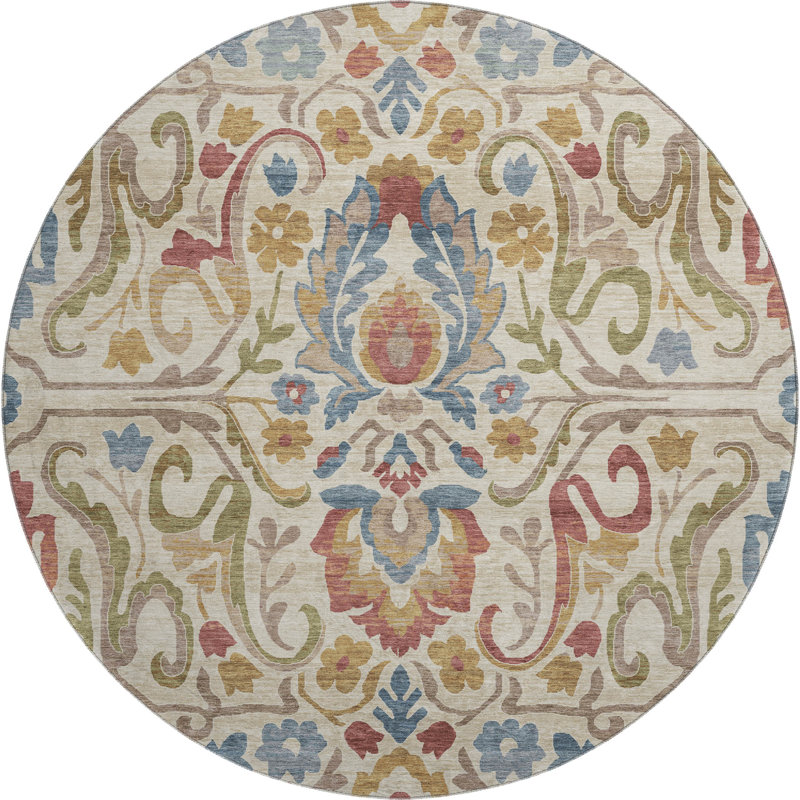 Tapis floral Premium Mayfield AMF2193 lavable à la machine, Beige, Rond 8 pi