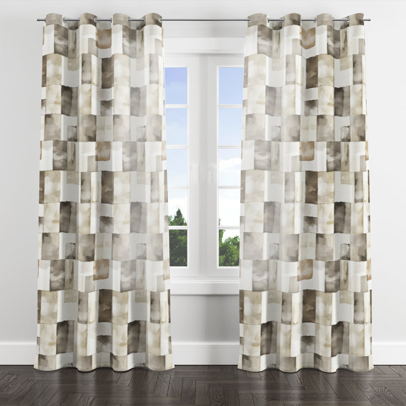 Country Farmhouse Room Darkening Curtains - Patchwork Grey And Beige Neutral Mix Quilt Grommet Curtain - 1 Panel
