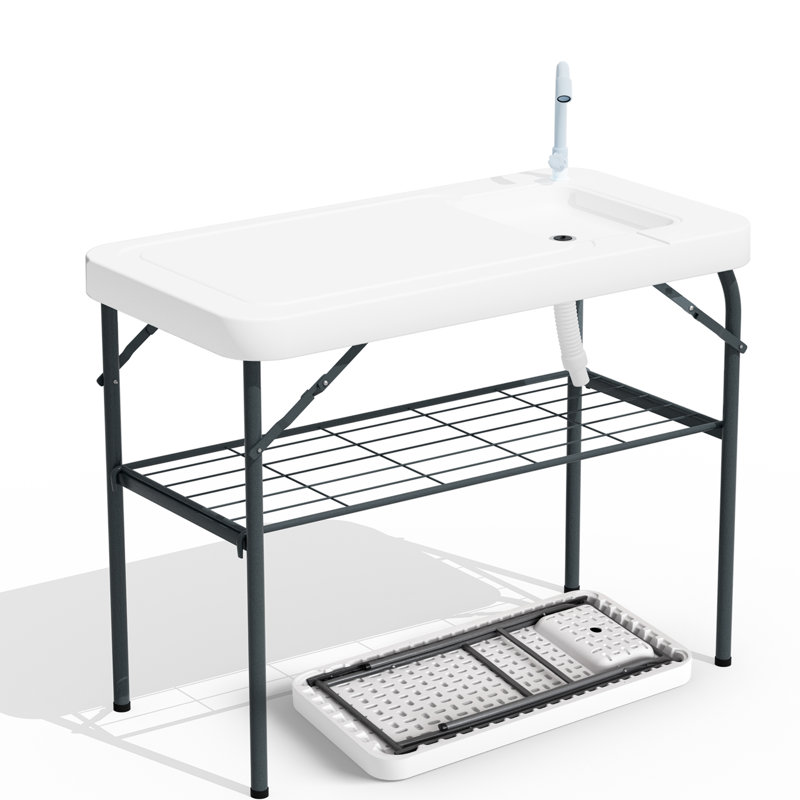 45" Folding Fish Cleaning Table with Sink & Grid Racks, HDPE Plastic Top with Steel Frame, Fish Cleaning Station for Camping, Picnic, Backyard