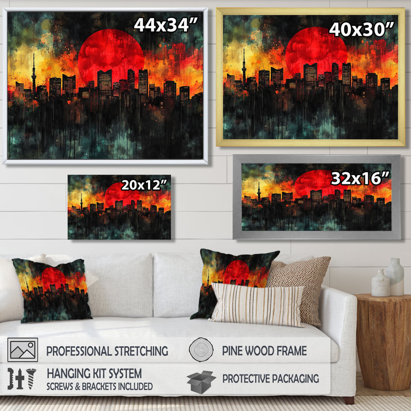 Orange orange, noir, horizon de Tokyo I - Japon, art mural, H 30 po x l 40 po, Reproduction encadrée d'une seule photo