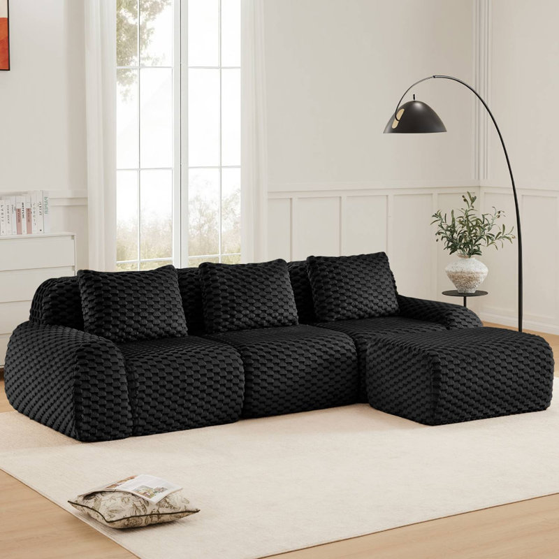 114" Flannel L-Shaped Modular Sectional With Ottoman, Black Fabric