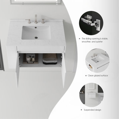 Meuble-lavabo suspendu de 91 cm avec lavabo, porte à fermeture amortie, comptoir et dosseret en marbre synthétique blanc de Carrare de 1,5 cm d'épaisseur, contreplaqué