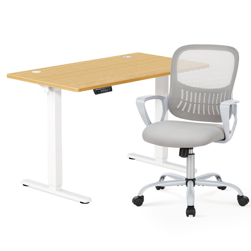 Modern Home Office Desk and Chair Set, Adjustable Standing Desk Paired with Ergonomic Mesh Chair for Maximum Comfort, Oak