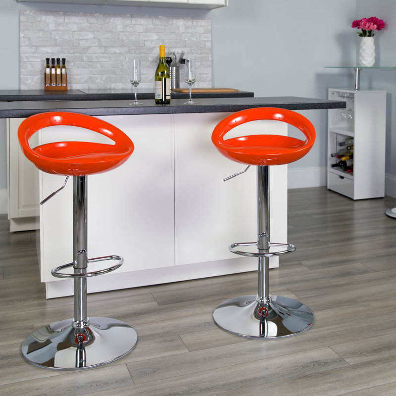 Contemporary Plastic Adjustable Height Barstool with Rounded Cutout Back and Chrome Base, Orange