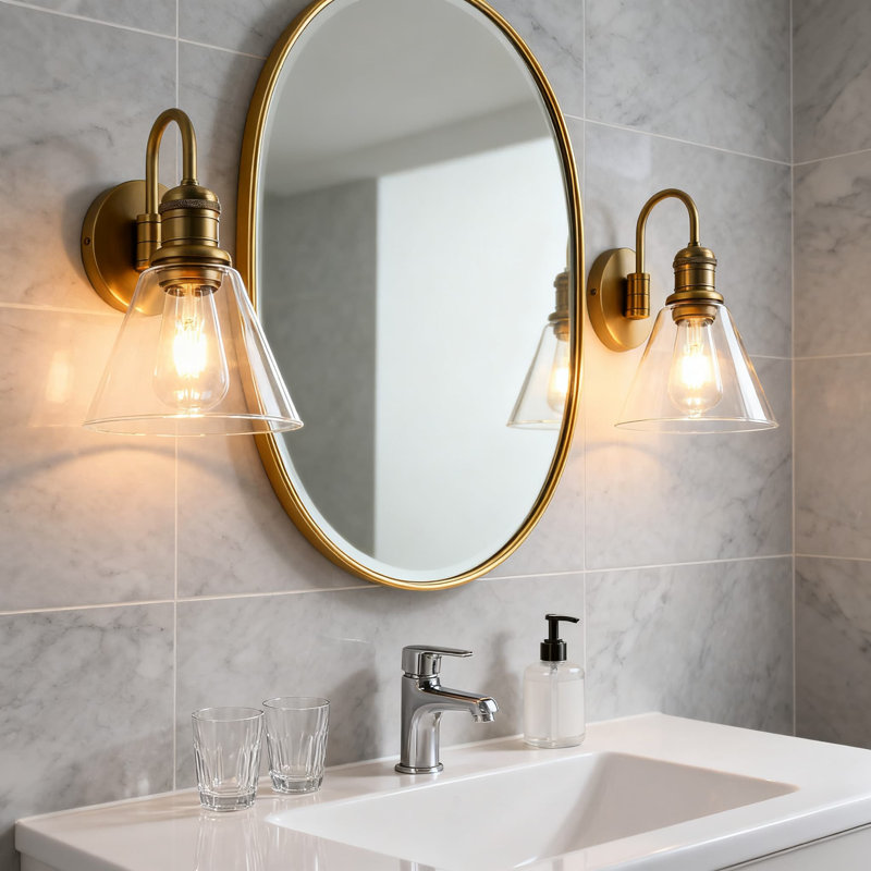 Applique murale vintage industrielle avec abat-jour en verre transparent et tige de col-de-cygne - Lampe de salle de bain câblée pour éclairage intérieur