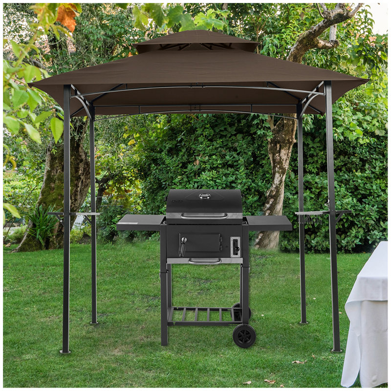 Outdoor Grill Gazebo 8 X 5 Ft, Shelter Tent, Double Tier Soft Top Canopy And Steel Frame With Hook And Bar Counters, Brown
