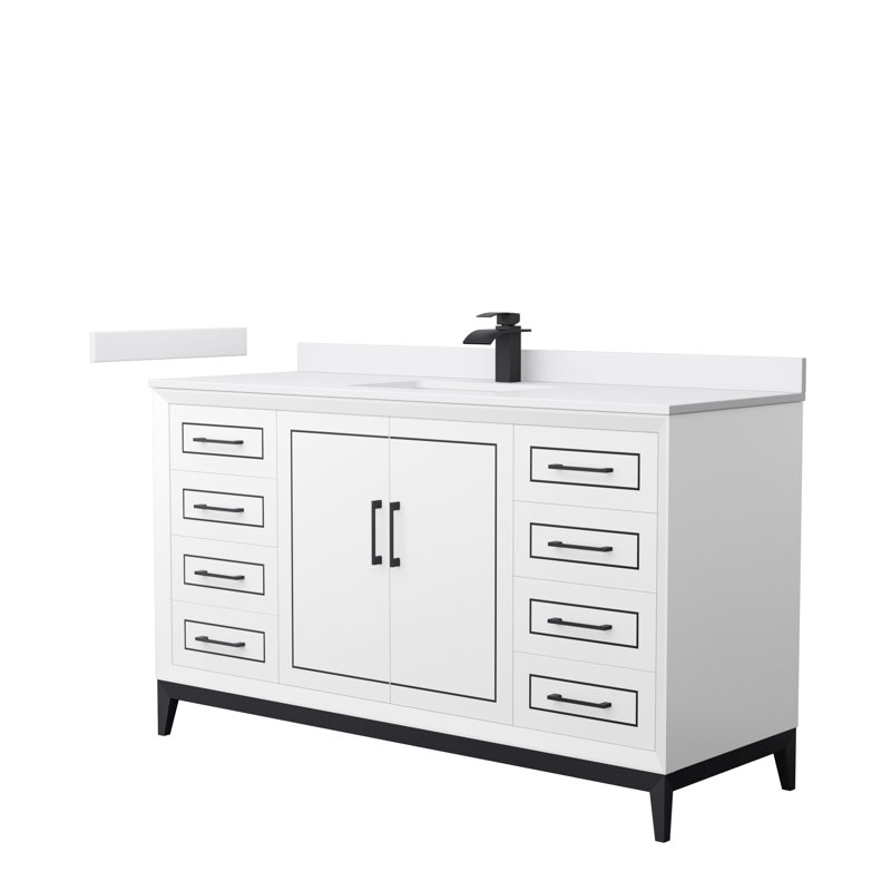 Ensemble de meuble-lavabo simple 60 po Marlena, Marbre de culture de Carrare, Blanc, Noir mat
