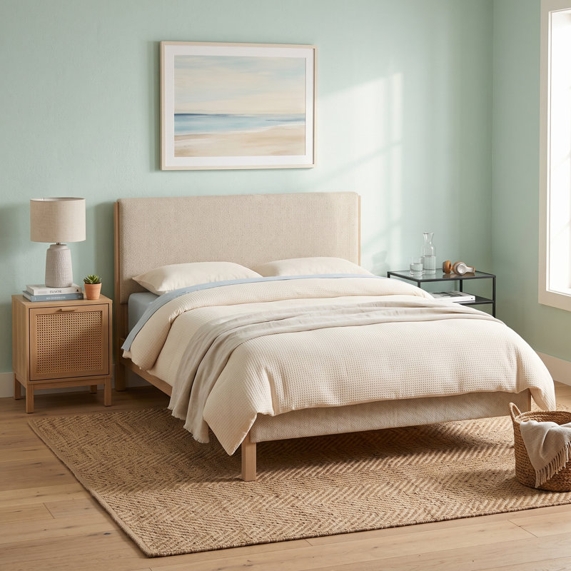 Lit tapissier Modern, minimaliste, grand, lin beige, Queen, Beige