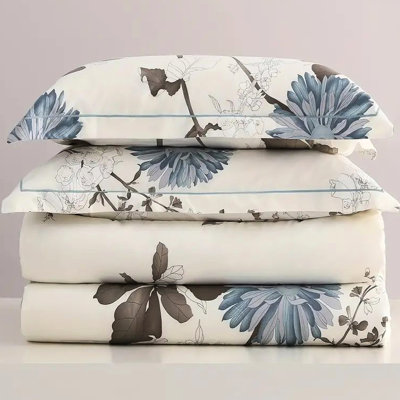 Queen Size Duvet Cover With Big Flower Pattern, Cloud-Like Soft And Breathable Cotton Blend, Fraying Edges, Low-Saturation Tones, Printing, Milk White In Size, Skin- Edge Reinforcement, Pilling