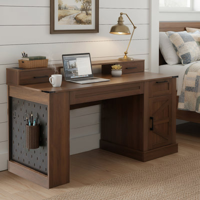 Farmhouse Office Desk With Storage Cabinet, Charging Station, Barn Door Design, Keyboard Tray, Monitor Stand And Pegboard