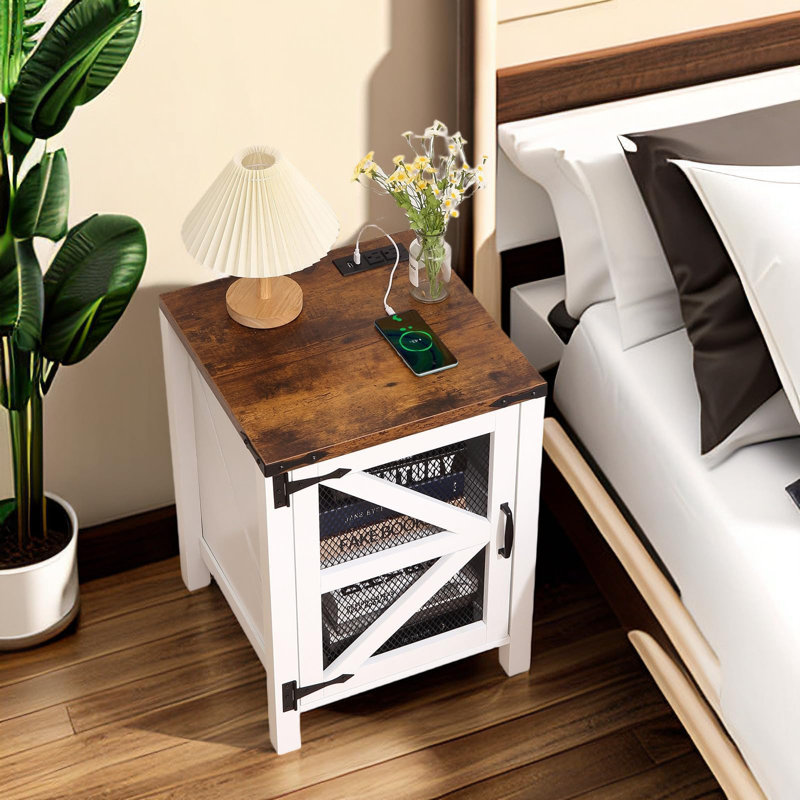 Set Of 2 Farmhouse Coffee Tables With Charging Station, Barn Door Design, 2 Ac Outlets And 2 Usb Ports, White And Brown