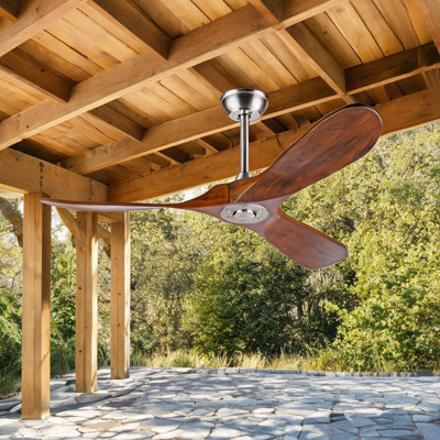 Ventilateur de plafond en bois massif de 52 pouces avec télécommande, brun classique, 3 pales, homologué pour les espaces de vie extérieurs