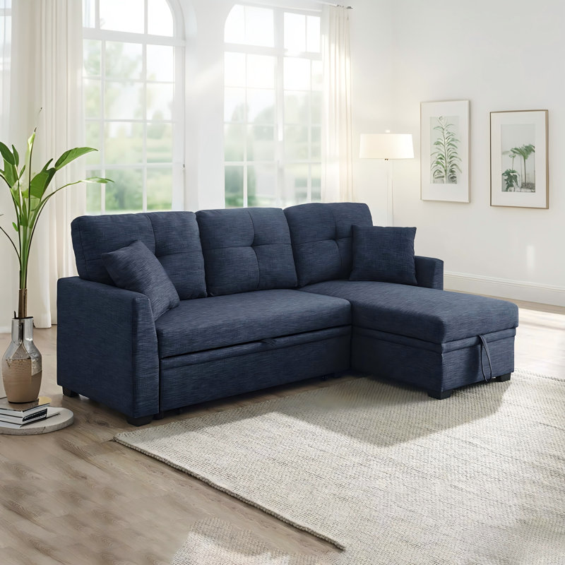 Canapé-lit modulaire moderne en L escamotable avec méridienne de rangement, Bleu, 34" H x 76.5" W x 50" D