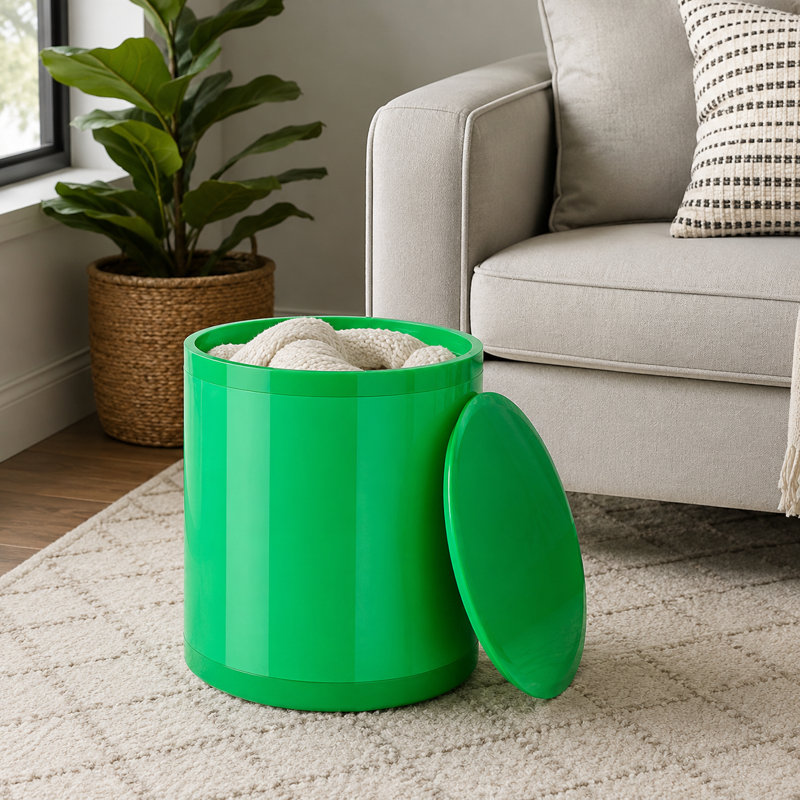 Otto Storage Stool | Round Plastic Storage Ottoman | Solid Color, Green