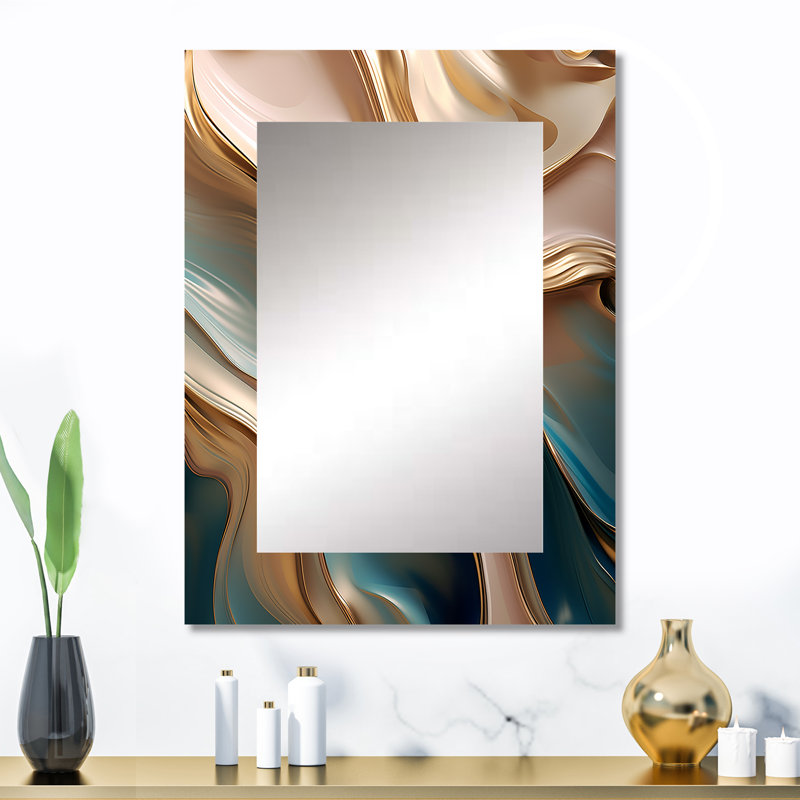Tender Wave Harmony Liquid Gold And Turquoise I - Large Wall Mirror On Metal, 32" x 24"