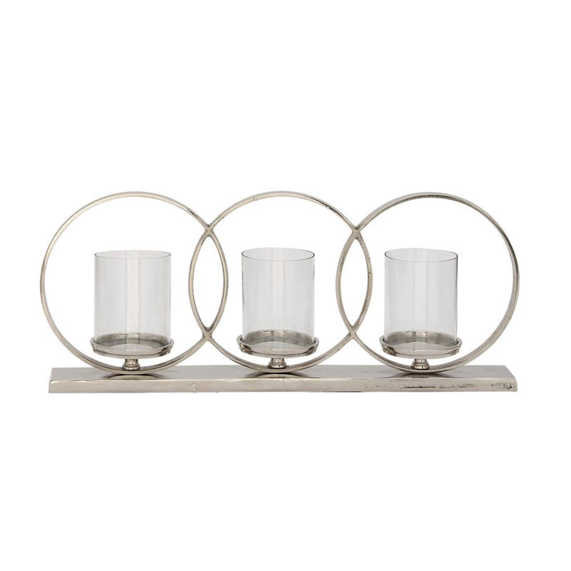 Aluminum Metal Overlapping Rings Pillar 3 Plate Geometric Decorative Silver Candelabra, 11" H x 26" W x 5" D