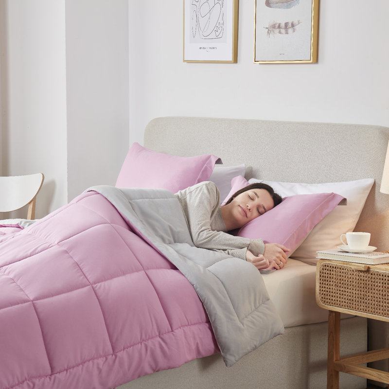 Nestl All Season Solid Lightweight Down Alternative Reversible Comforter, Queen Comforter + 2 Standard Shams, Pink/Gray