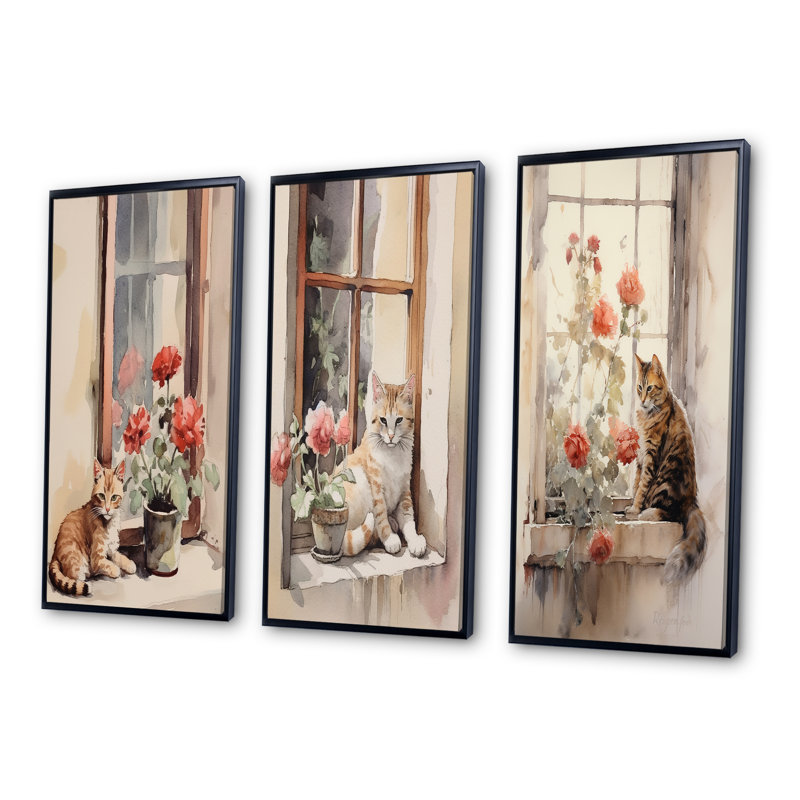 Orange Cat Sitting On Windowstill Watercolor - Animals Cat Art Set Of 3 Pieces, Cadre noir, H 40 po x l 60 po