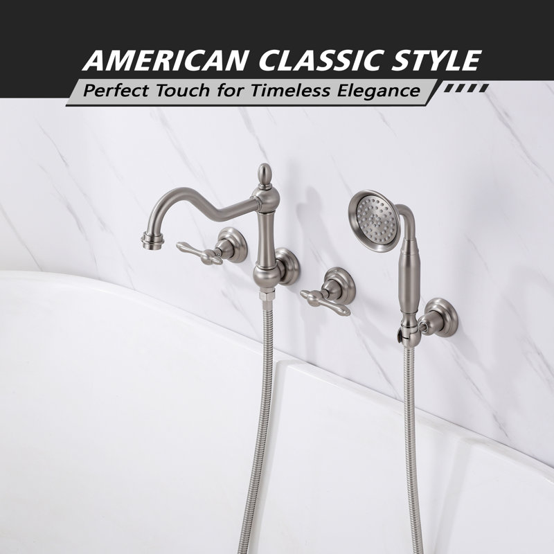 SUMERAIN Brushed Nickel Wall Mounted Bathtub Faucet, 4 Hole Tub Filler with Handheld Shower, 8 Inches Center High Flow
