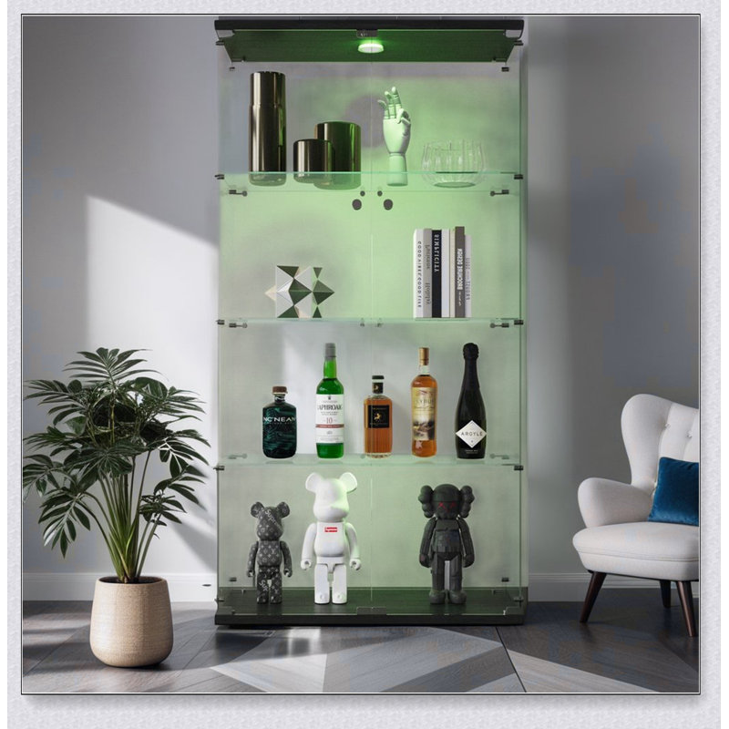 Vitrine lumineuse en verre à deux portes avec 4 tablettes, noir