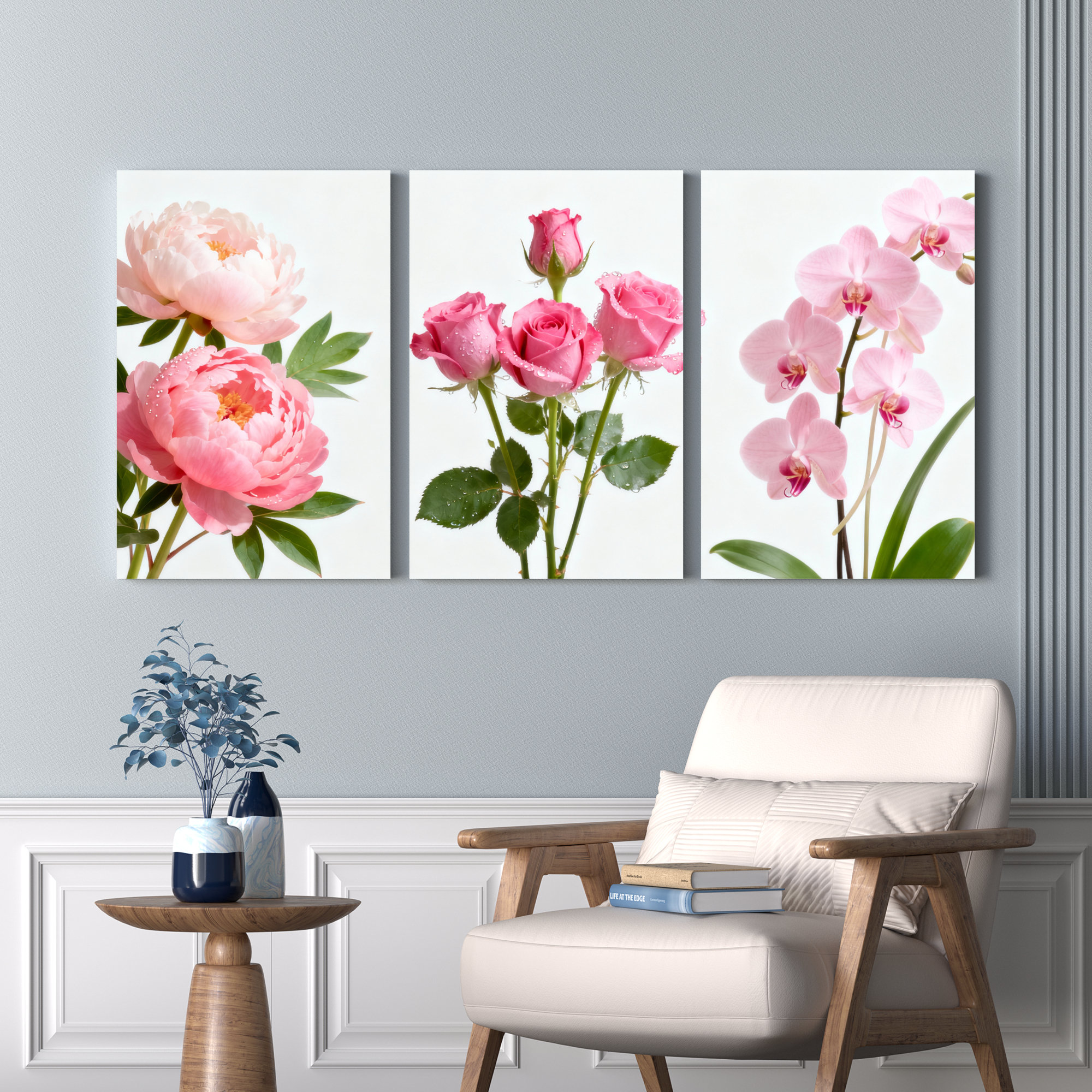 Ebern Designs Pink Peony Roses and Orchid Floral Canvas Wrapped Wall ...