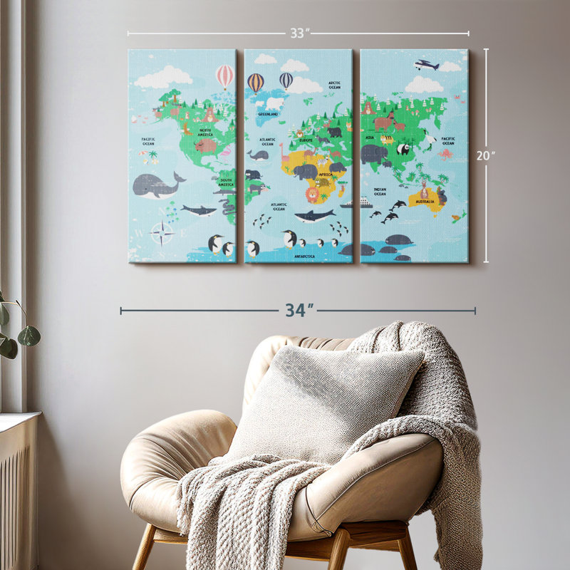 "Carte du monde pour enfants" sur toile, H 20 po x l 33 po x P 1,25 po