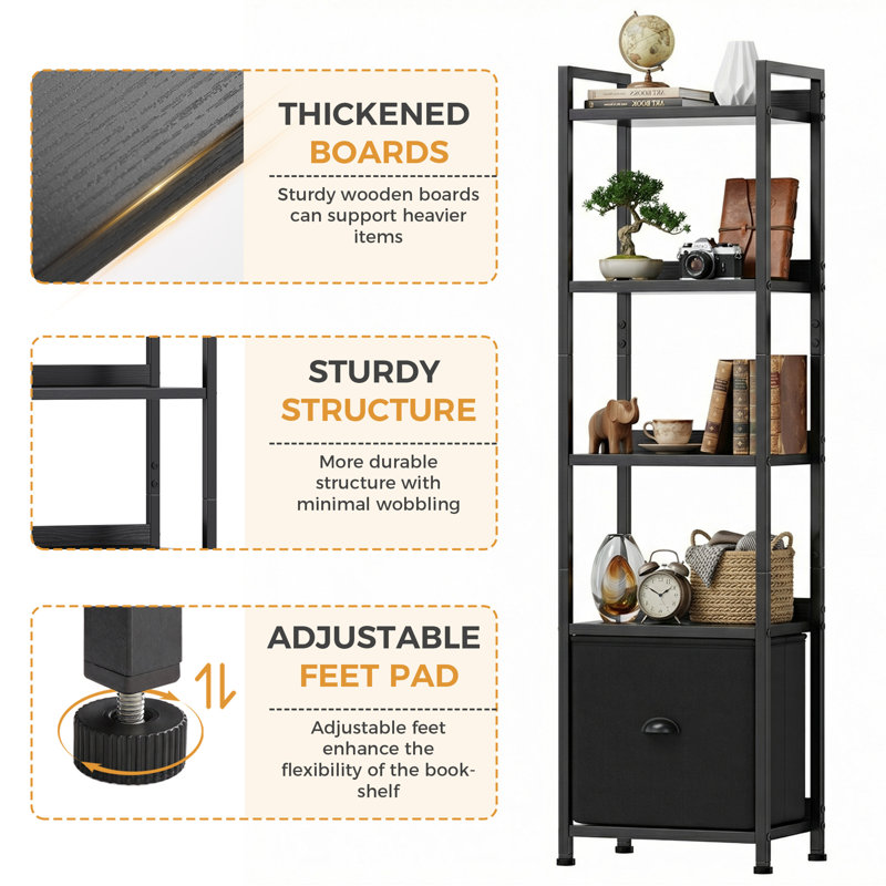 15"W 5 Tier Bookshelf with Drawer, Small Bookcase for Living Room, Bedroom, Industrial Bookshelf Wood and Metal Storage Rack