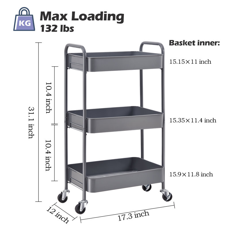 3-Tiers Stainless Steel Utility Cart with Wheels,12*17.3*31.3 inch Rolling Cart,Metal Cart, Salon Trolley Cart,Kitchen Storage Cart,Bathroom Cart