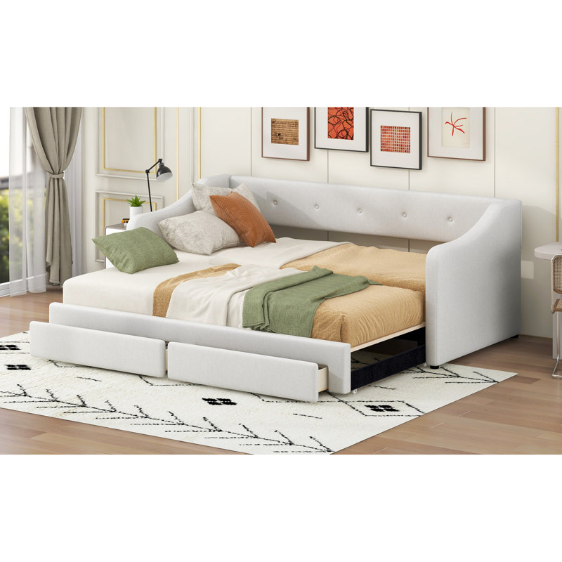 Twin Xl To King Beige Upholstered Daybed With Two Drawers, Stylish Buttoned Design On Back And Drawer, Comfort Foam Padding Size Storage Soft Seating , Wood Slats For Support
